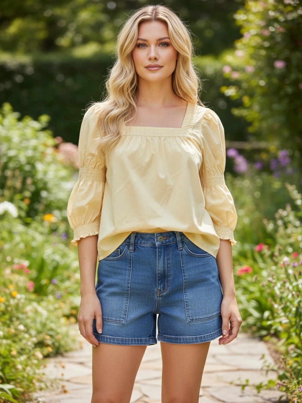 The Pioneer Woman Plus Size 1X Pale Yellow Square-Neck Smocked Sleeve Top - Picture 2 of 11